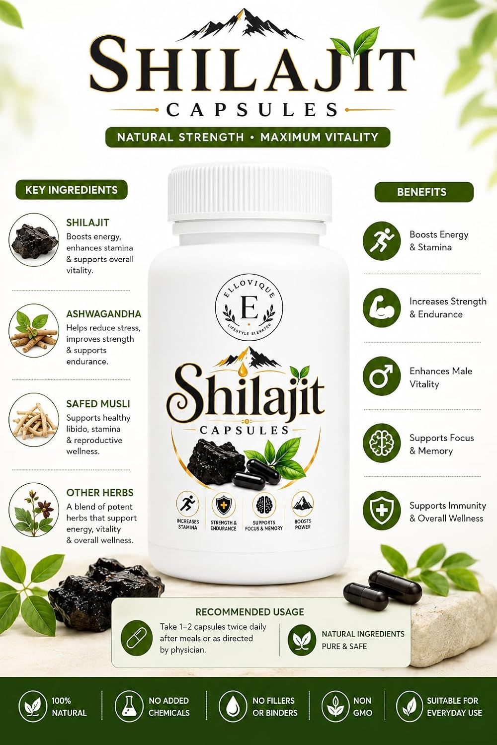 Shilajit Ashwagandha Herbal Capsules (60 Capsules)