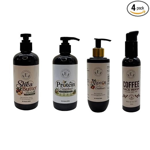 Shea Butter Herbal Body Wash + Protein Enriched Flaxseed Shampoo + Argan Oil Aloe Vera Conditioner + Coffee Extract Vitamin E Face Wash